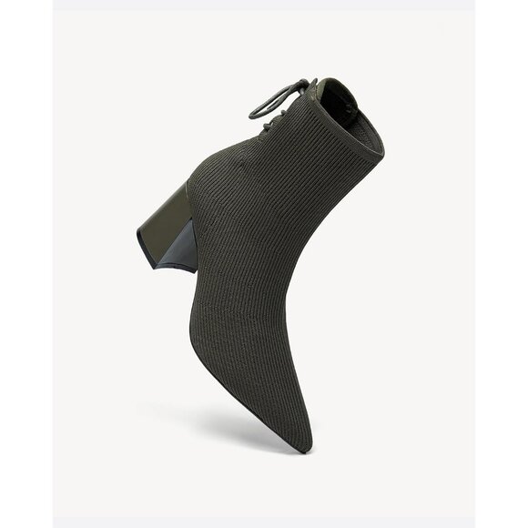 Women's Military Green Pointed Toe Ankle Boots Chunky Block Heel Sock Booties - Picture 4 of 7